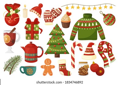 Christmas collection with seasonal elements. Modern design for Holidays invitation card, poster, banner, postcard, print. Vector illustration.