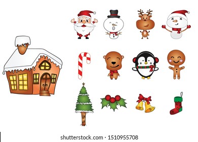 Christmas collection with seasonal elements, Santa and snowman isolated on white background as merry x’mas design concept. vector illustration EPS10.