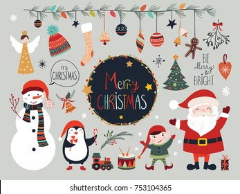 Christmas collection with seasonal elements, Santa and snowman