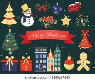 Christmas collection of seasonal elements with snowman, christmas trees, gift, scandi houses. Vector winter design. 