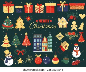 Christmas collection of seasonal elements with snowman, christmas trees, gift, scandi houses. Vector winter design. 