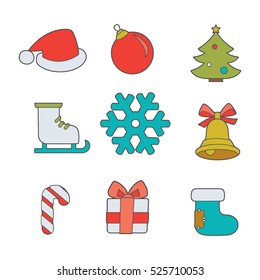 Christmas collection. a set of 9 items. skates, bells, gifts, Christmas tree, Santa Claus hat. snowflake.Christmas icon
