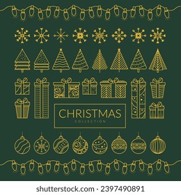Sencillo fondo navideño, elementos geométricos minimalistas dorados e iconos. Feliz año nuevo. Árbol de Navidad, copos de nieve, elementos decorativos. Diseño de concepto retro-limpio