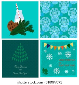 Christmas collection with snowflakes seamless pattern and three holiday cards