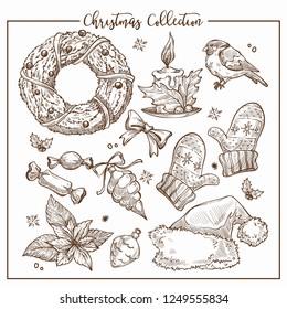 Christmas collection of symbolic traditional elements monochrome sketch outline vector.
