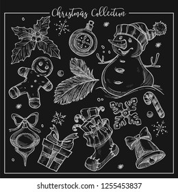Christmas collection of symbolic traditional elements monochrome sketch outline vector. Snowman with carrot nose, mistletoe plant leaf, snowflakes and watch. Bell and gingerbread man character