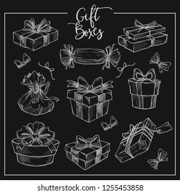 Christmas collection of symbolic traditional gift boxes monochrome sketch outline vector. Isolated illustration.