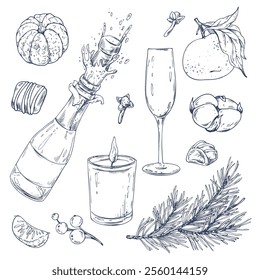 Weihnachtskollektion mit Mandarinen, Süßigkeiten, Gewürzen, Champagner und Pflanzen. Handgezeichnete grafische Illustration mit schwarzer Tinte. ClipArt, Satz von Elementen EPS-Vektor.