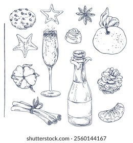 Christmas collection with tangerines, sweets, spices, champagne and plants. Graphic illustration hand drawn in black ink. Clip art, set of elements EPS vector.