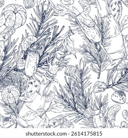 Christmas collection with tangerines, sweets, spices, champagne and plants. Graphic illustration hand drawn in black ink. Seamless pattern EPS vector.
