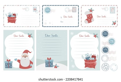 Plantillas de colección de Navidad. Carta a Santa Claus, sobres postales de año nuevo y sellos postales. Gran conjunto de ilustraciones vectoriales aisladas para la decoración de tarjetas y regalos de Navidad