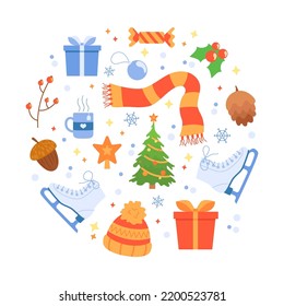 Christmas collection of traditional elements. Christmas tree, figure skates, gift boxes, knitted clothes, acorn, star