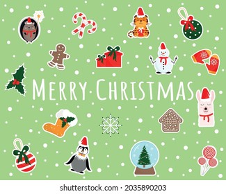 Christmas collection with traditional Christmas and New Year elements.Vector christmas stickers set on green background.Cute christmas elements snowman, tiger, balls, candies, mittens, lama, present.