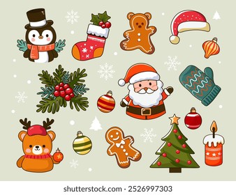 Coleção de Natal com elementos tradicionais de Natal e Ano Novo Pinguim, Papai Noel, urso, árvore de Natal, gengibre, chapéu, meia, luva adesivos de estilo vetorial de cores brilhantes 
