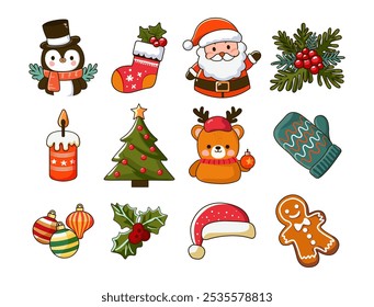 Christmas collection with traditional Christmas and New Year elements Penguin, Santa, bear, Christmas tree, gingerbread, hat, sock, glove Brightly coloured vector style stickers