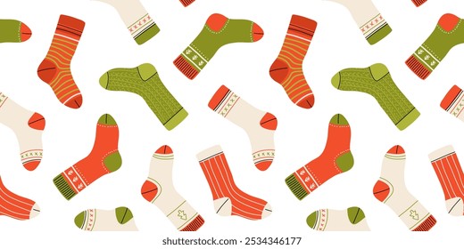 Navidades colección de calcetines de algodón y lana de moda con diferentes texturas aisladas sobre fondo blanco. Patrón sin fisuras de Vector. Calcetines de invierno de punto de diferentes colores y tamaños.