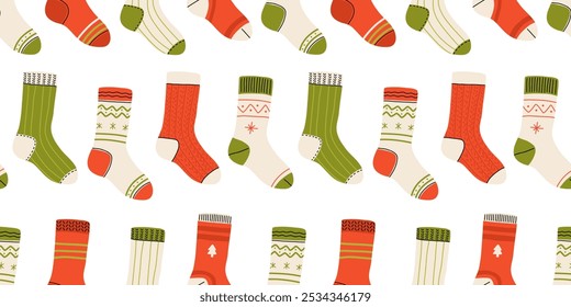 Christmas collection of trendy cotton and woolen socks with different textures isolated on white background. Vector seamless pattern. Knitted winter socks set different colors and sizes.