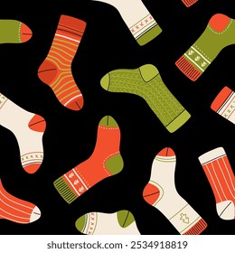 Christmas collection of trendy cotton and woolen socks with different textures isolated on white background. Vector seamless pattern. Knitted winter socks set different colors and sizes.
