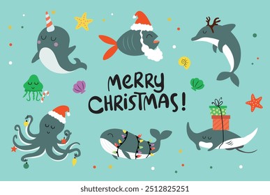 Christmas collection under the sea. Cute whale, octopus, dolphin, fish, jellyfish and narwhal in Christmas costume.