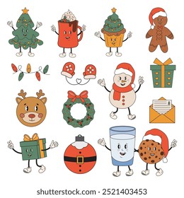 Christmas collection of vector elements in retro groovy style. Christmas tree, cocoa mug, deer, Santa, gift, advent wreath, snowman. Christmas icons for cards, invitation, banner, gift tag.