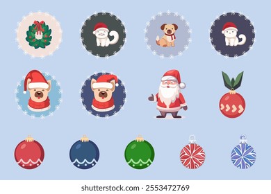 Christmas collection of vector elements. Santa Claus, Christmas tree balls of different colors, puppy and cat in Santa's hat, Christmas wreath. Concept of congratulations on Christmas and New Year