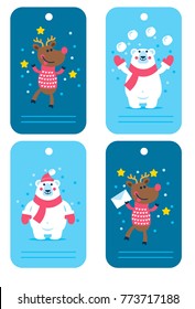 Christmas collection. Vector polar bear and deer for card, label, gift, calendar, sticker, baby clothes and decor