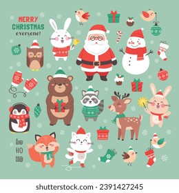 Christmas collection. Vector set of holiday icons and characters. Santa, snowman and cute animals. Kids illustration for Christmas time