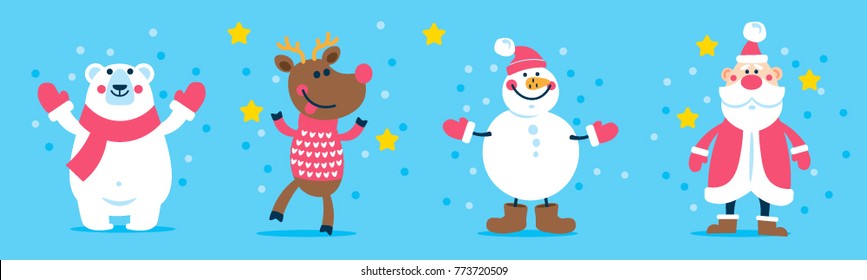 Christmas collection. Vector snowman, deer, polar bear and Santa for card, label, gift, calendar, sticker, baby clothes and decor