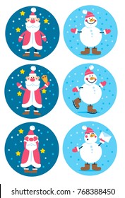 Christmas collection. Vector snowman and Santa for card, label, gift, calendar, sticker, baby clothes and decor