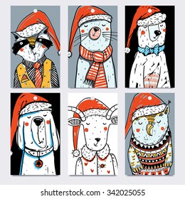 Christmas  collection of vector tags with funny hand drawn animals