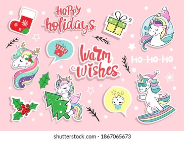 Christmas Collection With Winter Unicorn Stickers. Vector Illustration