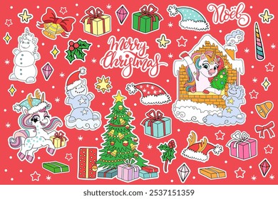 Christmas collection with winter unicorns, gifts, holly and new year elements set. Vector illustration. For winter festival, celebration, party, print, stickers, cards, invitation and clothes design