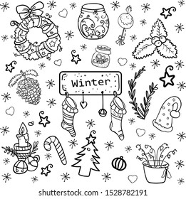 Christmas collection. Wreath, jar, mistletoe, sock, candle, bells and etc. Coloring page or book for children and adults. Symbol of the New Year and Christmas. Home decor. - Vector illustration