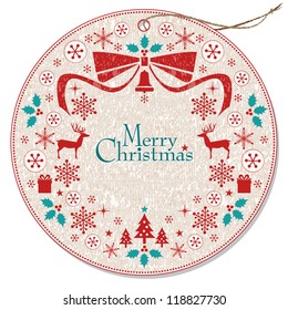 Christmas collection wreath tag. Holiday design element on knitted texture. Vector.