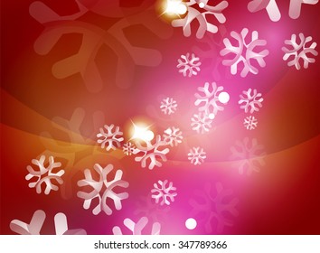 Christmas color abstract background with white transparent snowflakes. Holiday winter template, New Year layout