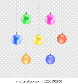Christmas color ball. Colorful decoration illustration on gray background. Symbol merry christmassy and celebration winter, for card. Isolated graphic element. 3D vector image. Vector illustration