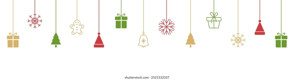 Christmas color baubles with snowflake, green tree, gingerbread, gift box. Holiday hanging on white background. Line art winter icon. New year card. Party design element. Vector illustration.