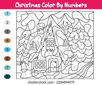 Christmas Color By Number activity, printable activity page. Educational coloring page. Christmas children's game. Coloring book. Color numbers book. Christmas House