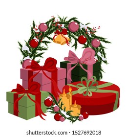 Christmas color cartoon composition with boxes and candles