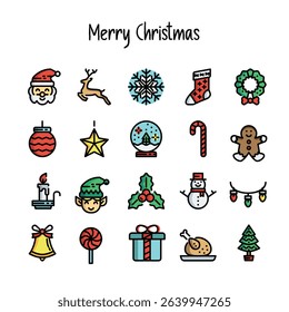 Christmas color elements with outline designs, featuring Santa Claus, reindeer, wreath, gingerbread man, presents, and a Christmas tree. Perfect for festive decorations and creative projects. icons
