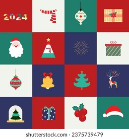 Christmas color flat icon with santa,tree,gift,bell.Editable vector illustration for postcard