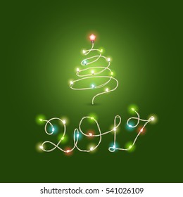 Christmas color garland lettering. Happy new 2017. Vector new year greeting card. 
Abstract christmas tree with lightbulbs