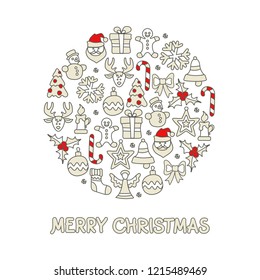 Christmas color icon set round on white, for New Year and Christmas design. Vector illustration.