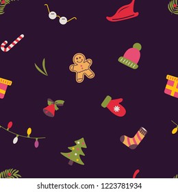 Christmas color icons seamless pattern on dark background.