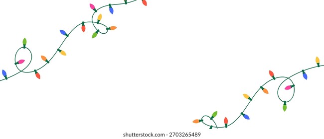 Navidades de color de luz de cuerda de guirnalda marco. Festiva decoración brillante. Adornos de cuerda de lujo del año Nuevo. Fondo de fiesta de celebración. Bombilla brillante de hadas. Anuncio de lámpara de neón led. Ilustración vectorial.