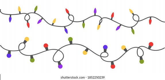 Christmas color lights garland set on white background. Bright colored lights decoration. Glowing bulb for xmas cards, banners, posters, web. Led neon lamp. Vector illustration.