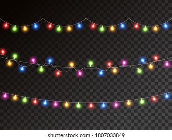 Christmas color lights isolated on transparent background. Garland lights decoration. Led neon lamp. Glow colored bulb. Bright decoration for xmas cards, banners, posters, web. Vector illustration.