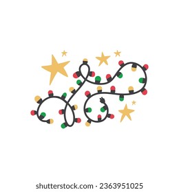 Christmas color lights isolated on white background. Bright colored garland lights decoration. Glowing bulb for xmas cards, banners, posters, web. Led neon lamp with stars decor. Vector illustration.