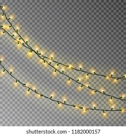 Christmas color lights string. Transparent effect decoration isolated on dark background. Realistic Christmas garland vector. Winter xmas glowing lights string. Vector banner illustration.