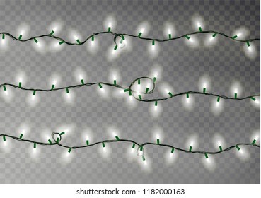 Christmas color lights string. Transparent effect decoration isolated on dark background. Realistic Christmas garland vector. Winter xmas glowing lights string. Vector banner illustration.